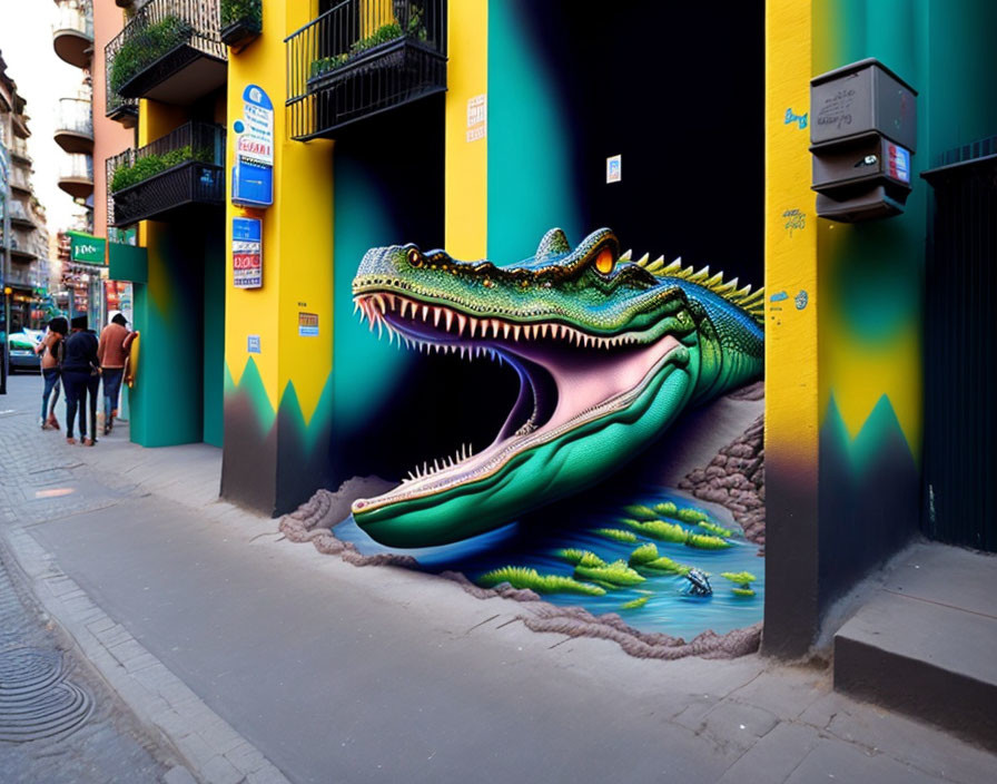 Colorful 3D crocodile mural on striped wall with pedestrians