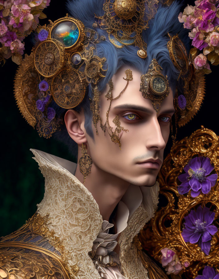 Portrait of person with blue hair, golden ornaments, flowers, facial jewelry, and yellow eyes