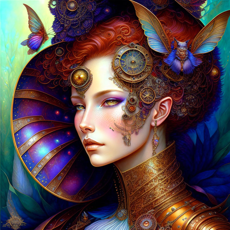 Steampunk-themed digital artwork of a woman with blue and purple colors, gears, and butterflies.