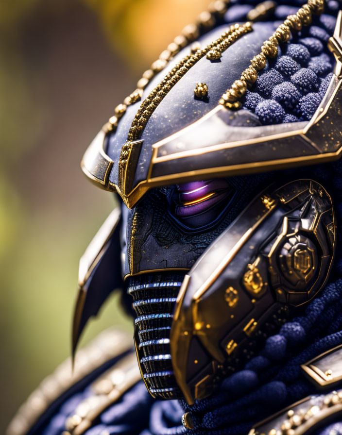 Detailed Futuristic Armored Costume with Blue Textured Material and Golden Embellishments