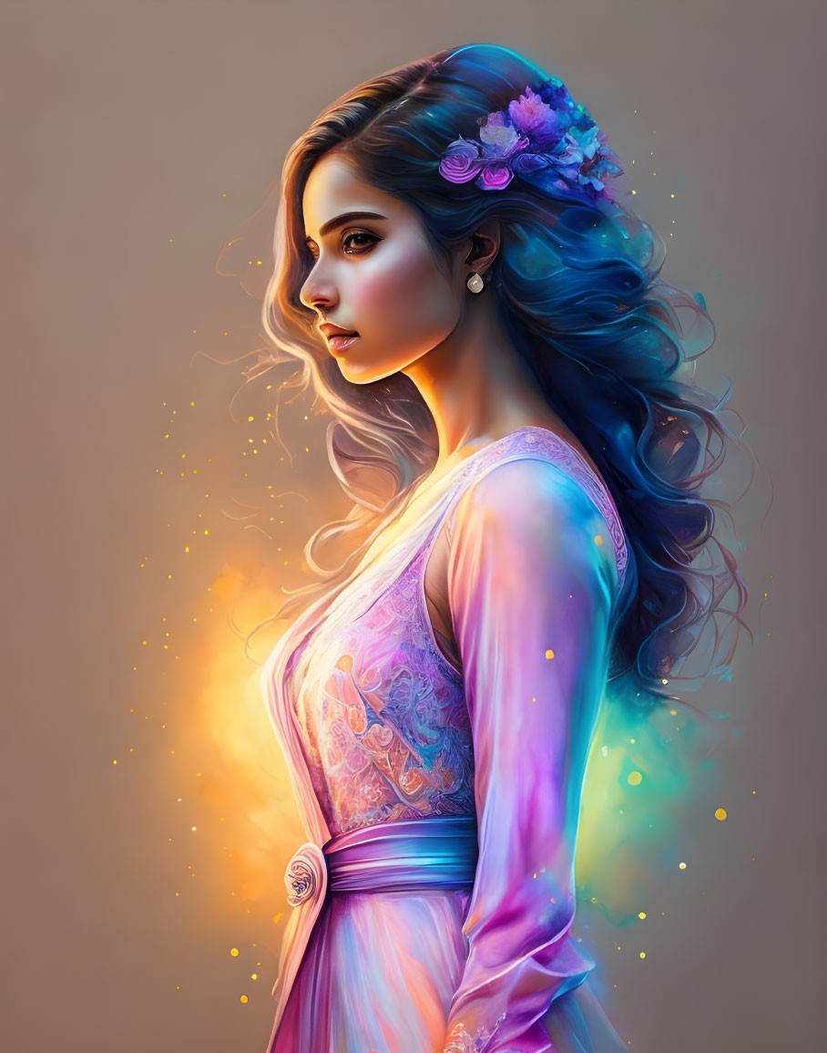 Blue-haired woman in iridescent purple dress with flowers in digital art portrait