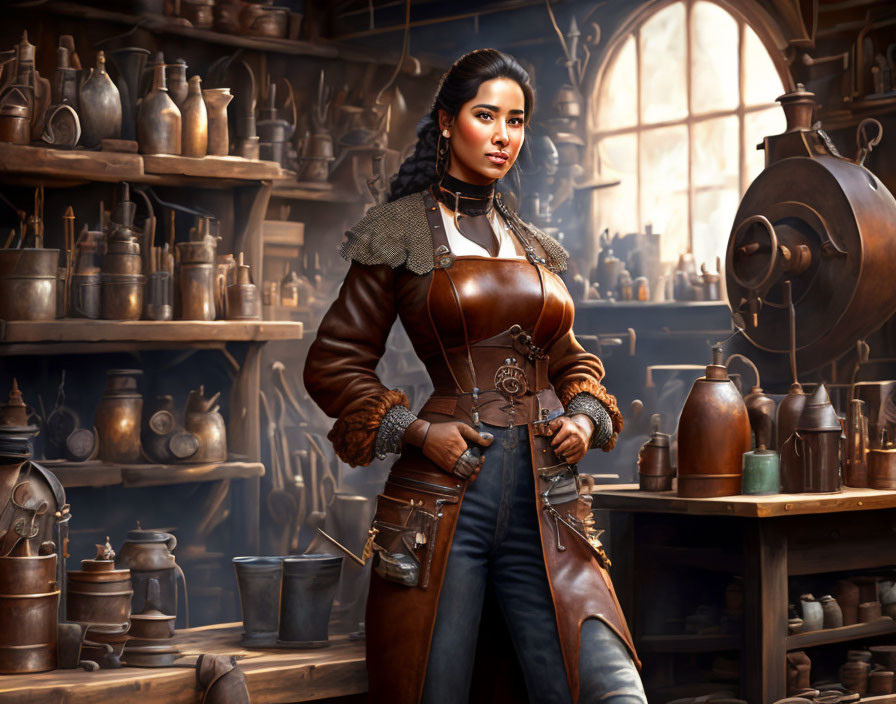 Steampunk-themed image of a woman in workshop surrounded by gears and pottery