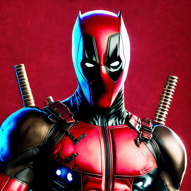 Person in Deadpool costume posing with weapons on red background