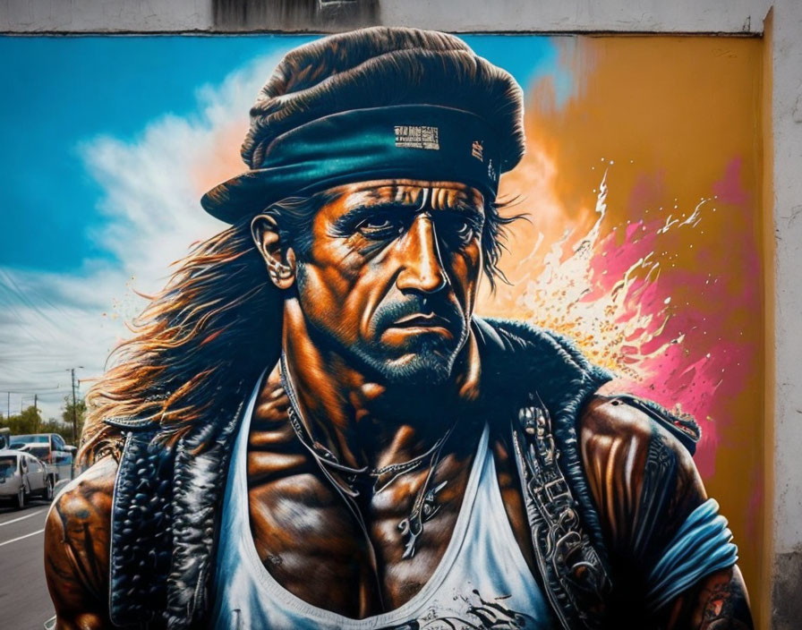 Colorful Street Art Mural of Muscular Man with Bandana