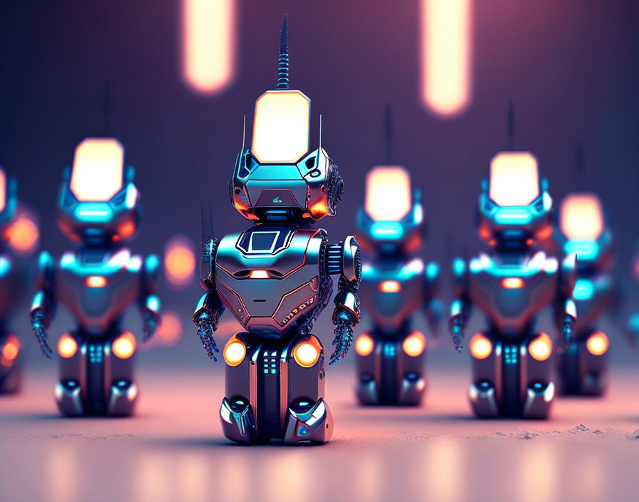 Futuristic robots in blue and white lights against moody red backdrop