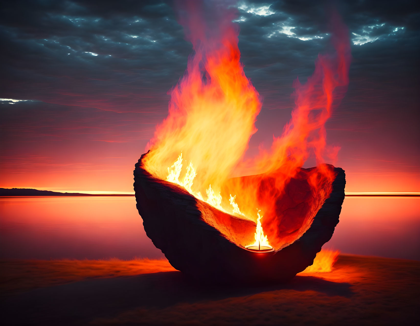 Large fire burning in shell-like structure on tranquil beach at dusk