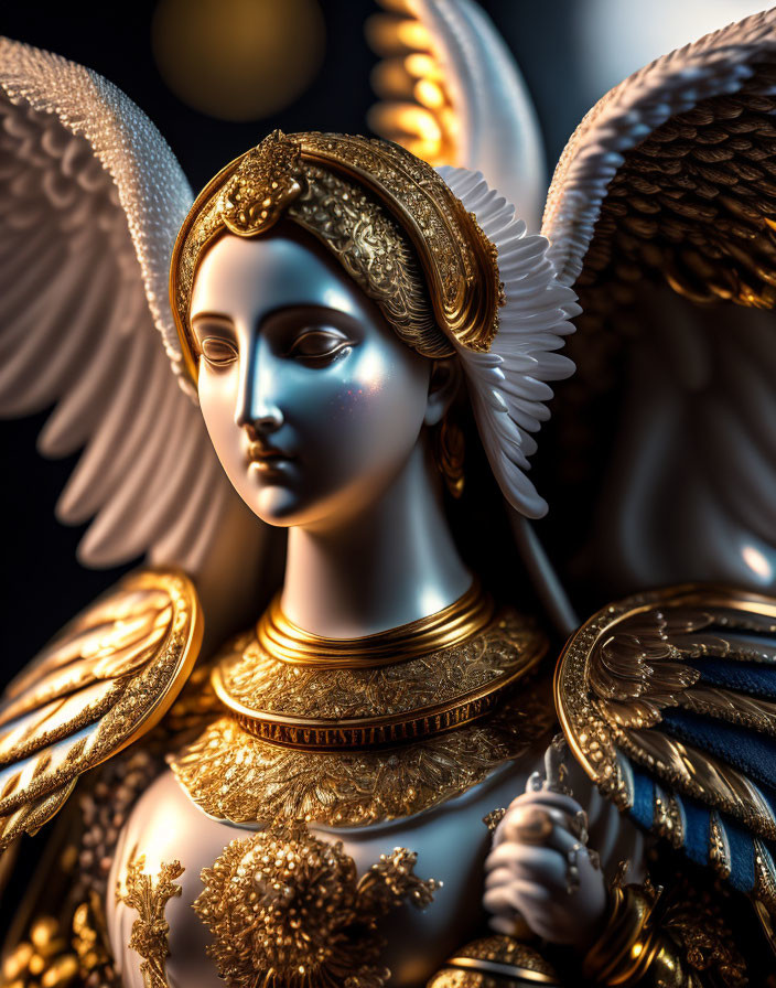 Detailed sculpture of an angel in ornate gold armor and wings