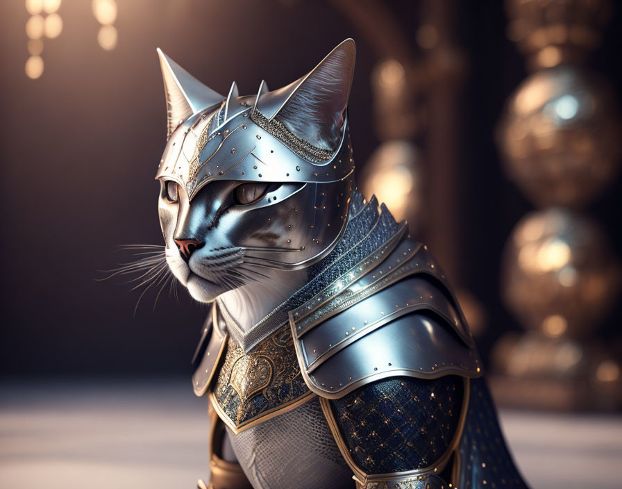 Digital artwork: Cat in medieval armor on dark background with ornate spheres