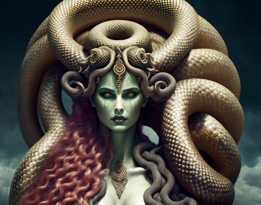 Mythological Medusa inspired artwork with green skin and serpentine hair