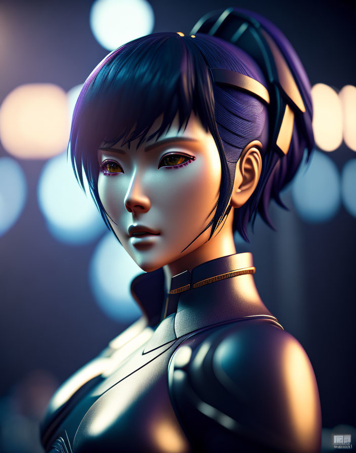 Female character with black and purple hair in futuristic outfit on light backdrop