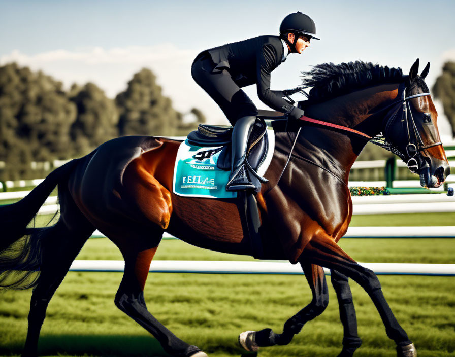 Brown horse with teal saddle cloth and jockey in black attire on racetrack