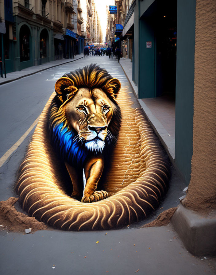 Realistic 3D Street Art: Lion Emerging from City Sidewalk