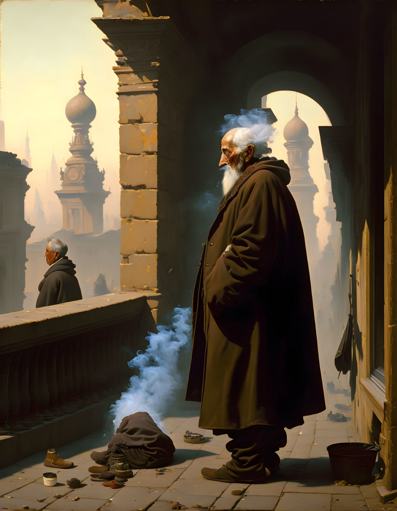 Elderly bearded man exhales smoke in ornate alleyway with sweeping figure, cityscape