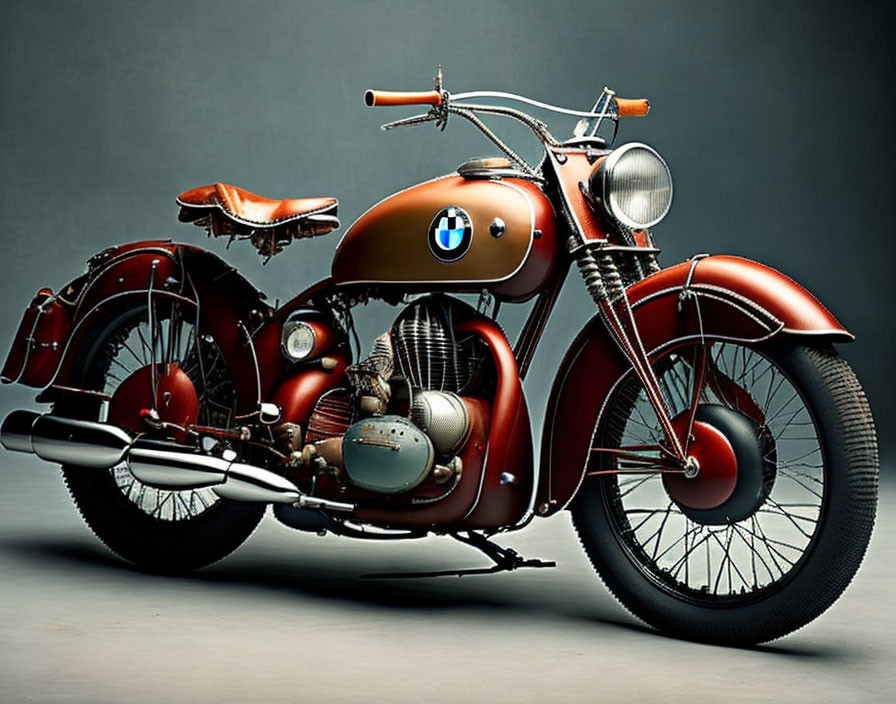 Classic Vintage BMW Motorcycle in Glossy Maroon Finish with White Pinstripes and BMW Badge on