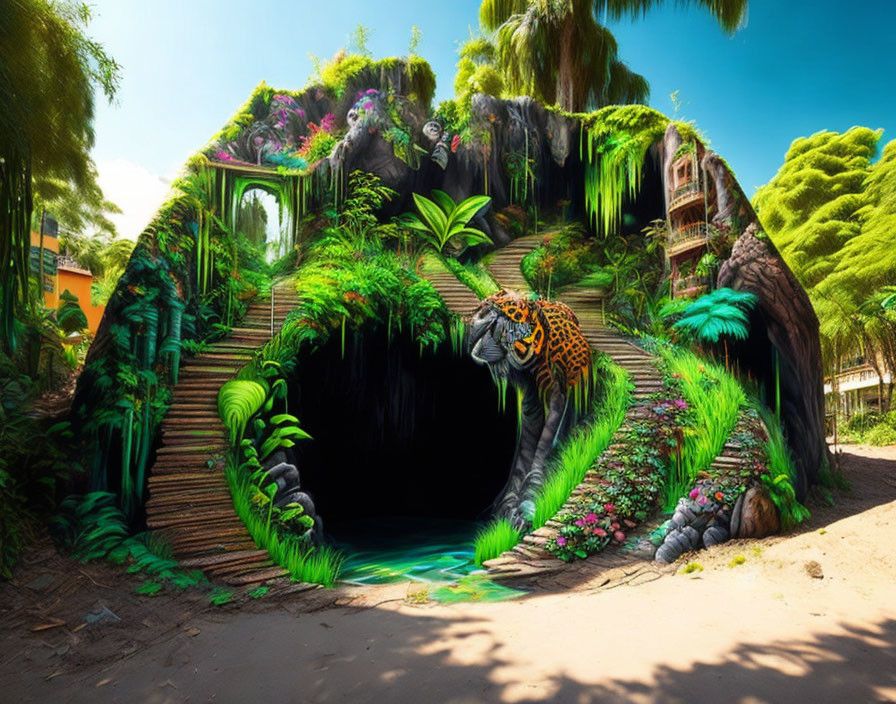 Fantastical landscape with lush greenery, jaguar, and whimsical architecture