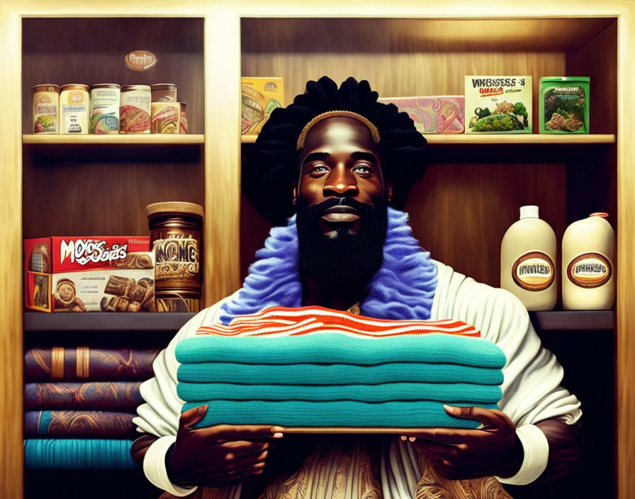 Bearded Man Smiling with Towels in Pantry