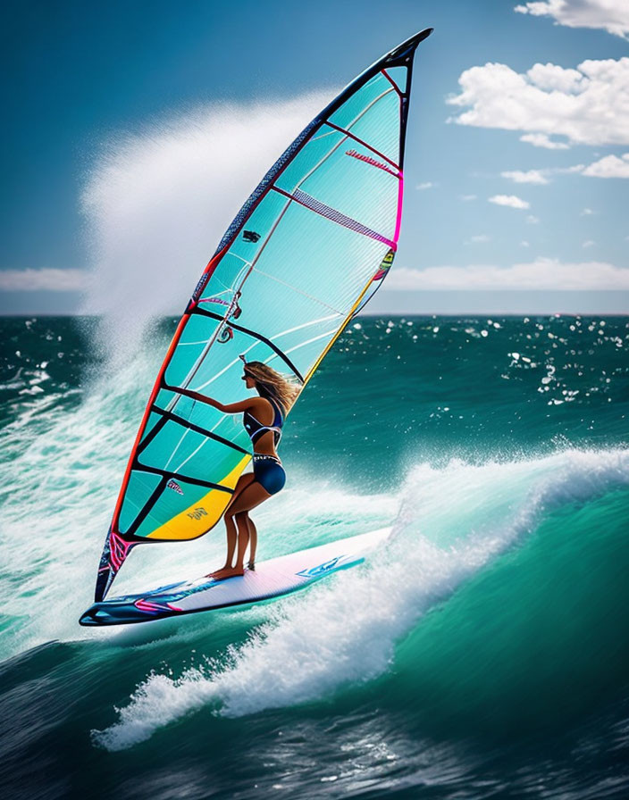 Vibrant windsurfing scene on sunlit blue wave