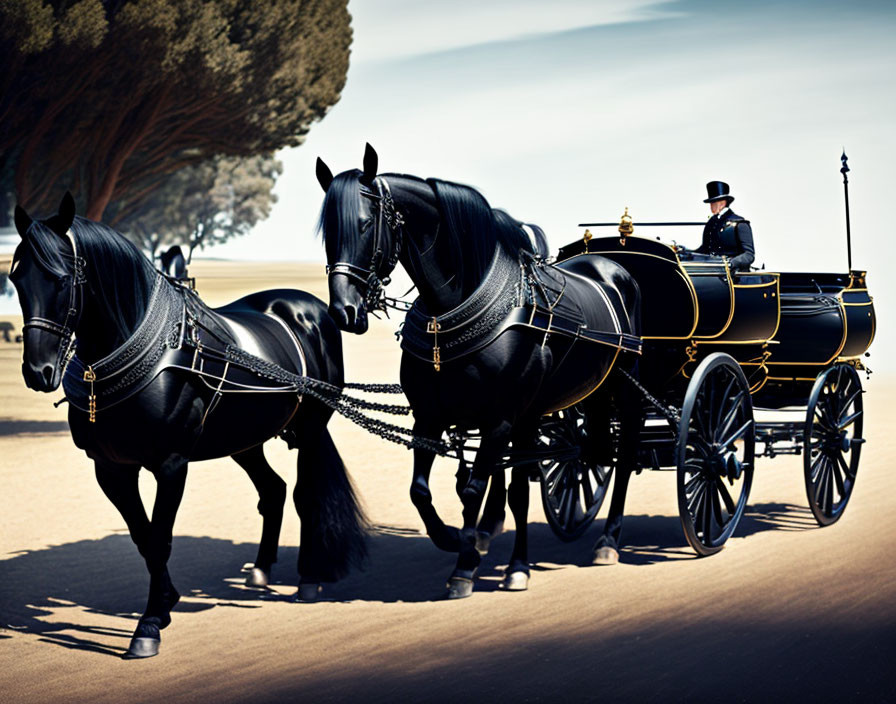 Traditional black horse-drawn carriage with driver on sandy path