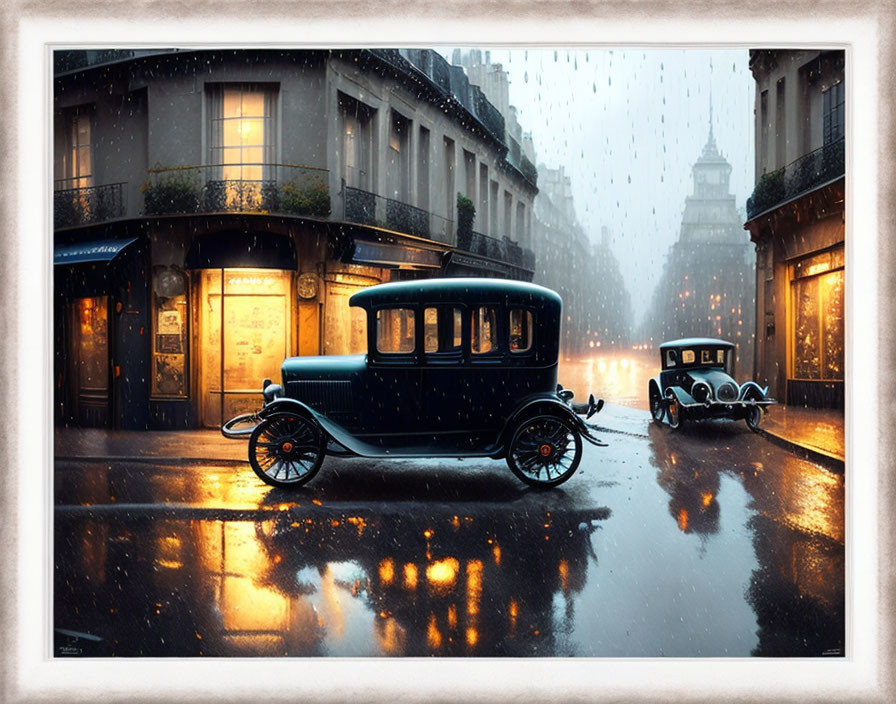 Vintage Car Parked on Rain-Drenched Street with Shops and Another Car