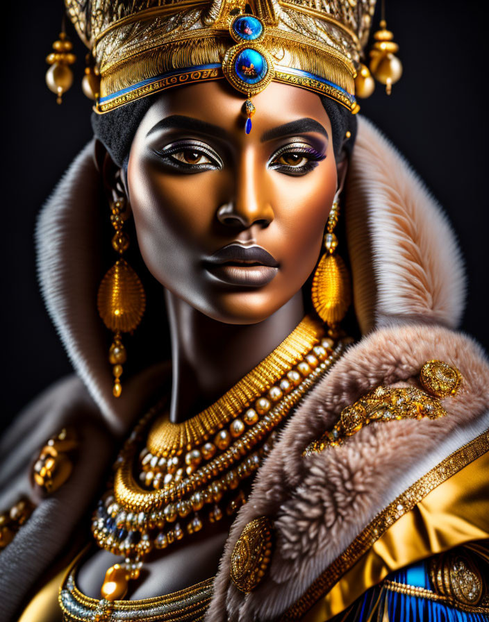 Regal woman portrait with golden jewelry and crown