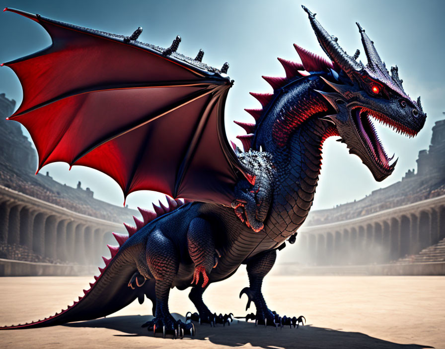 Black and red dragon in arena with sunlight highlighting scales