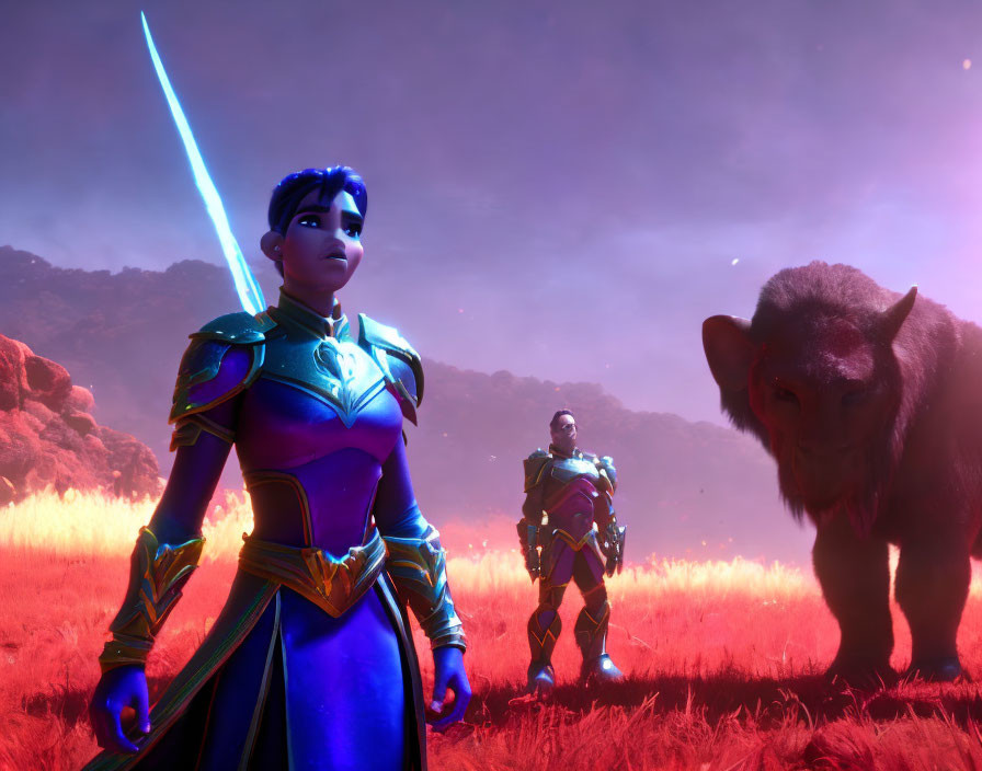 Female warrior with blue sword, armored figure, and fantasy creature in mystical red landscape