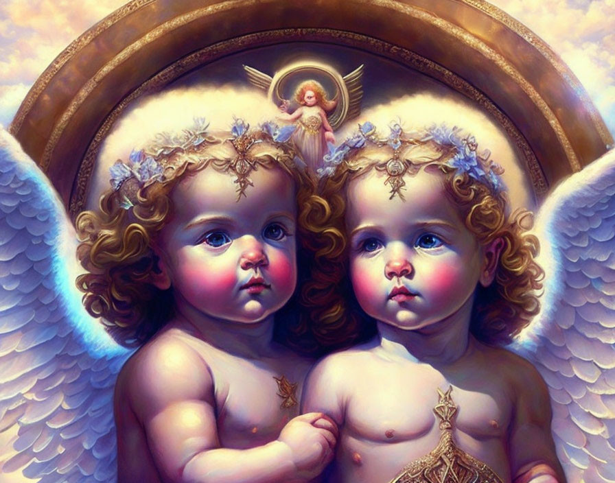 Cherubic figures with angelic wings and floral crowns in golden halo.