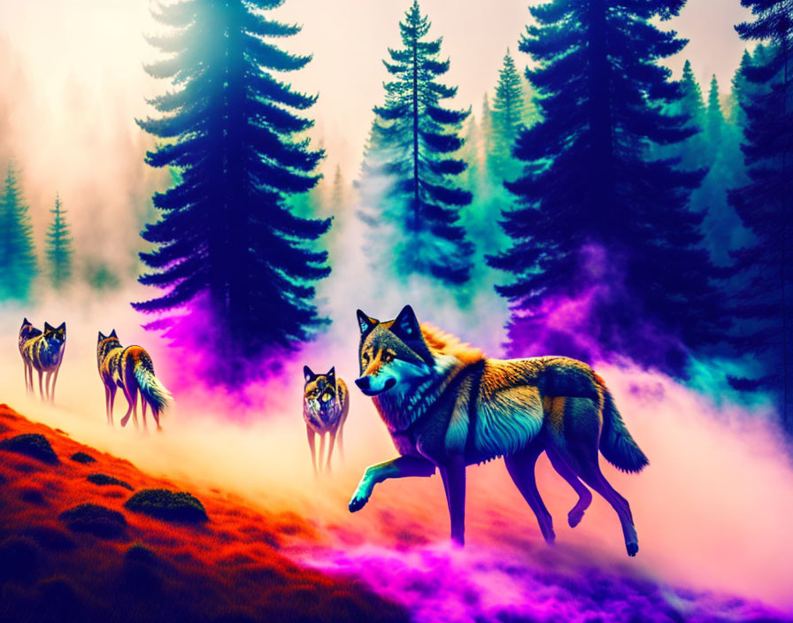 Ethereal wolves in mystical forest with purple fog