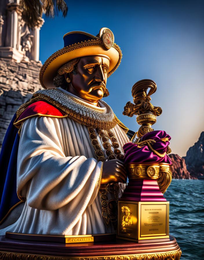 Regal figure statue in historical attire holding a scepter at sunset