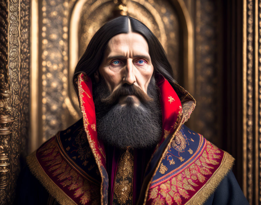 Bearded figure in red and gold cloak with intense blue eyes