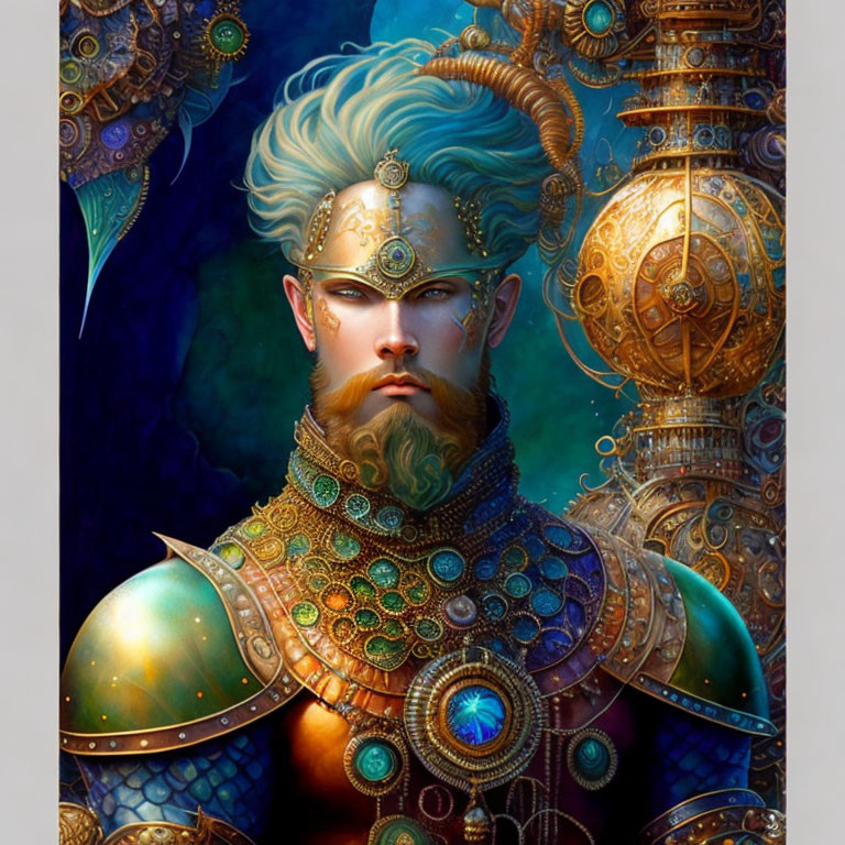 Man with Blue Hair in Steampunk Armor with Gold and Mechanical Details