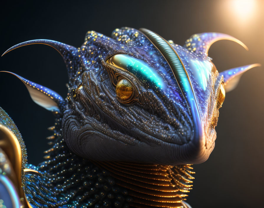 Detailed Close-Up of Glittery Dragon Creature with Golden Eyes