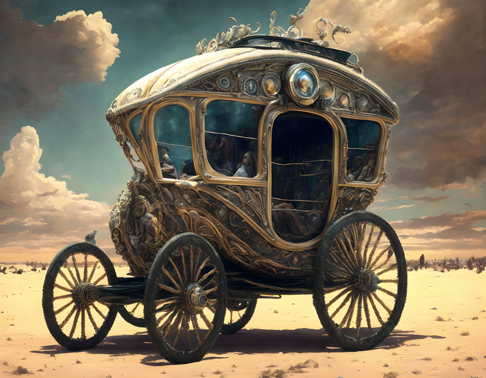 Vintage ornate carriage parked in barren landscape under cloudy sky