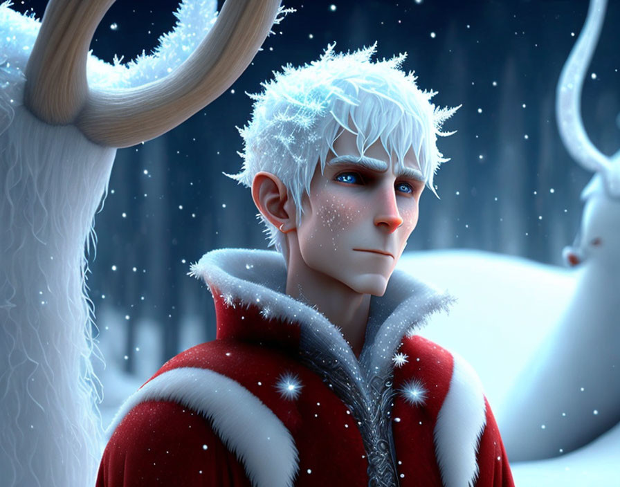 White-haired male character in red coat with frost details, alongside mystical white reindeer