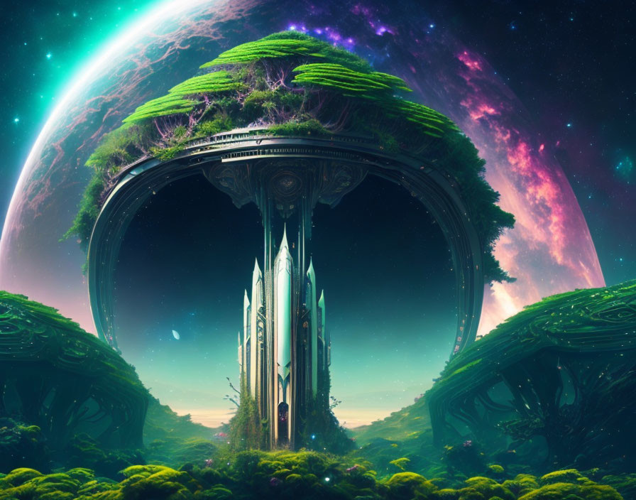 Sci-fi landscape with towering structure in lush greenery