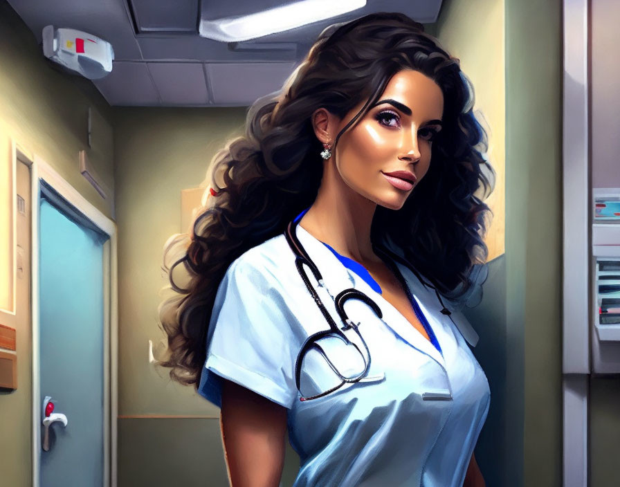 Digital illustration: Woman with curly hair in scrubs and stethoscope in hospital setting