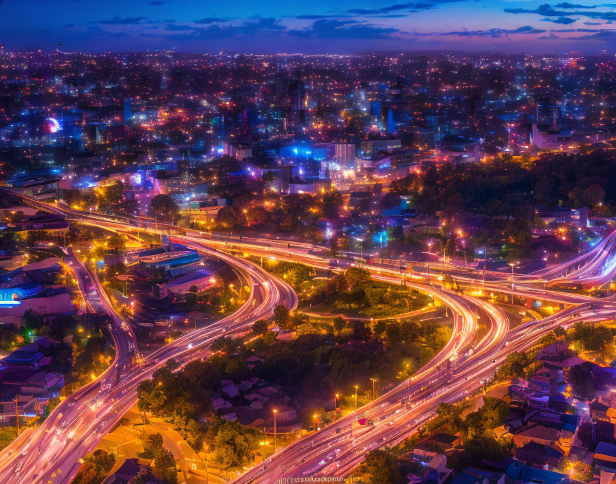 Twilight cityscape with glowing highways and illuminated buildings