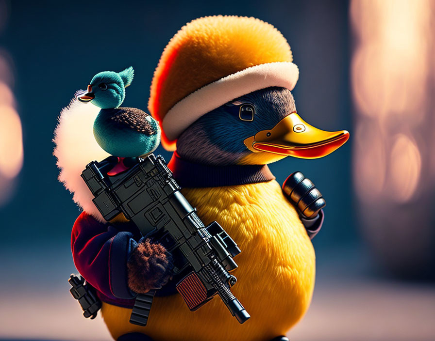 Cartoon duck with blue hat holding toy gun and bird on shoulder in stylized illustration