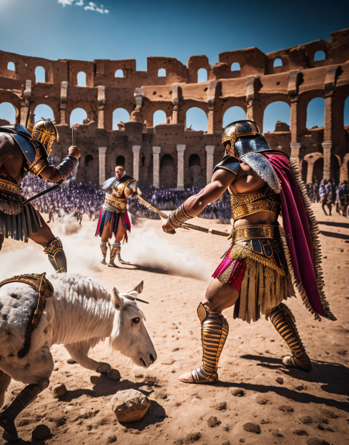 Traditional armored gladiators battle in ancient Roman-style arena.