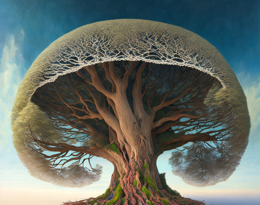 Surreal image: giant tree with mushroom-like canopy against blue sky