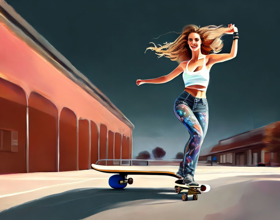 Woman skateboarding joyfully on street at dusk.