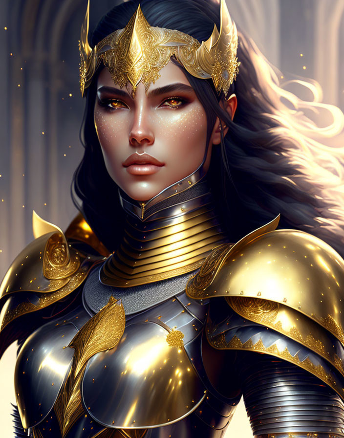 Golden-armored Warrior with Tiara and Intense Gaze