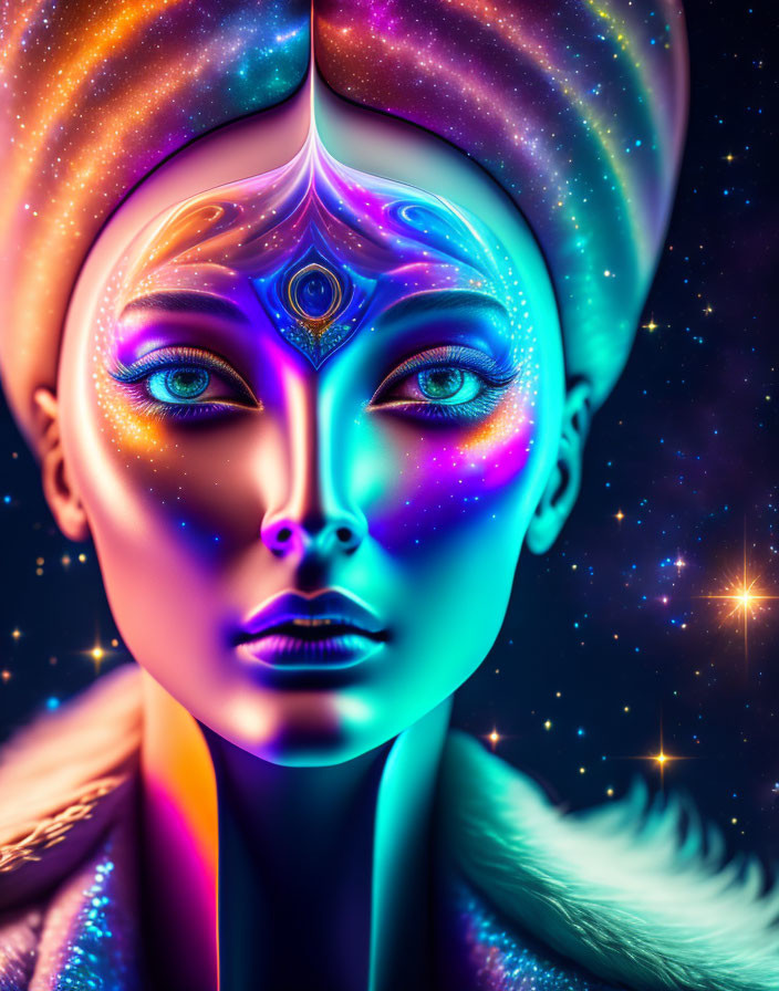 Colorful digital artwork: female figure with cosmic makeup and headdress in starry space