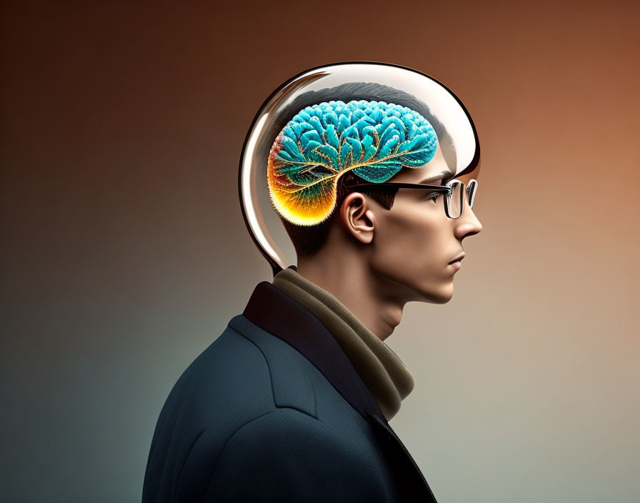 Man with Glasses: Colorful Brain Illustration in Stylized Head