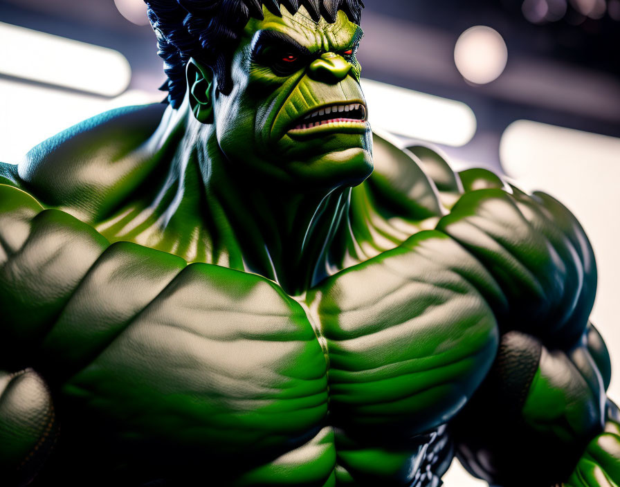 Detailed Hulk figurine with angry expression and clenched fists on blurred light background