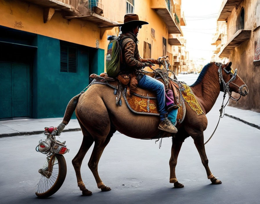 Cowboy riding ornately tacked horse in urban alleyway