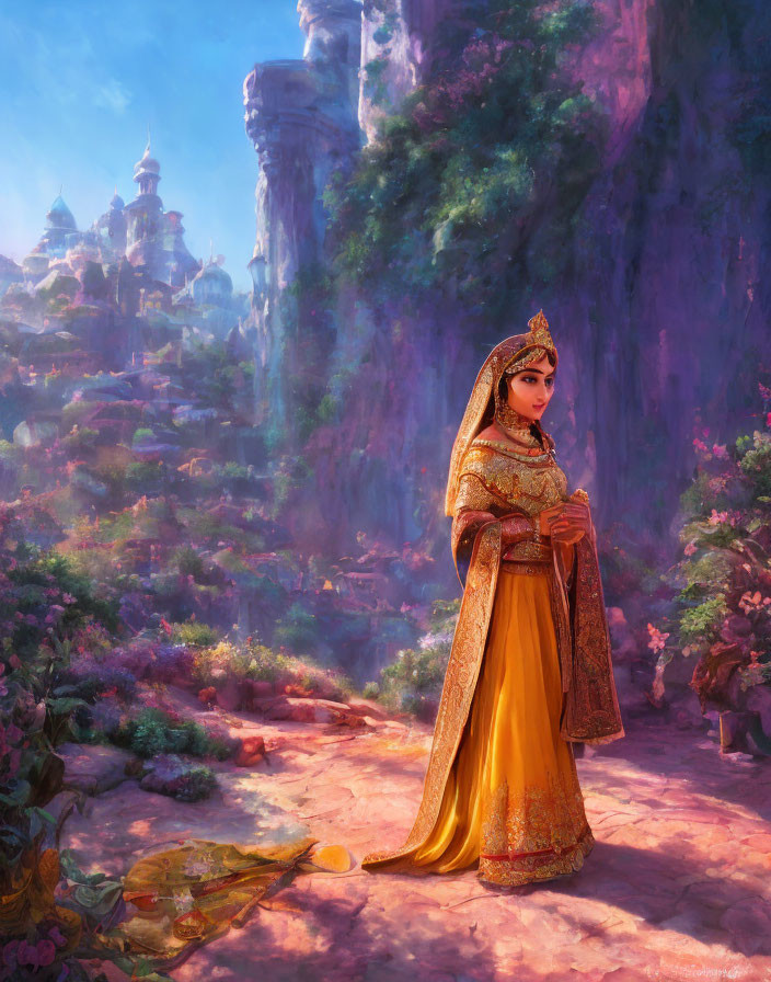 Traditional Indian Attire Woman in Vibrant Fantasy Landscape