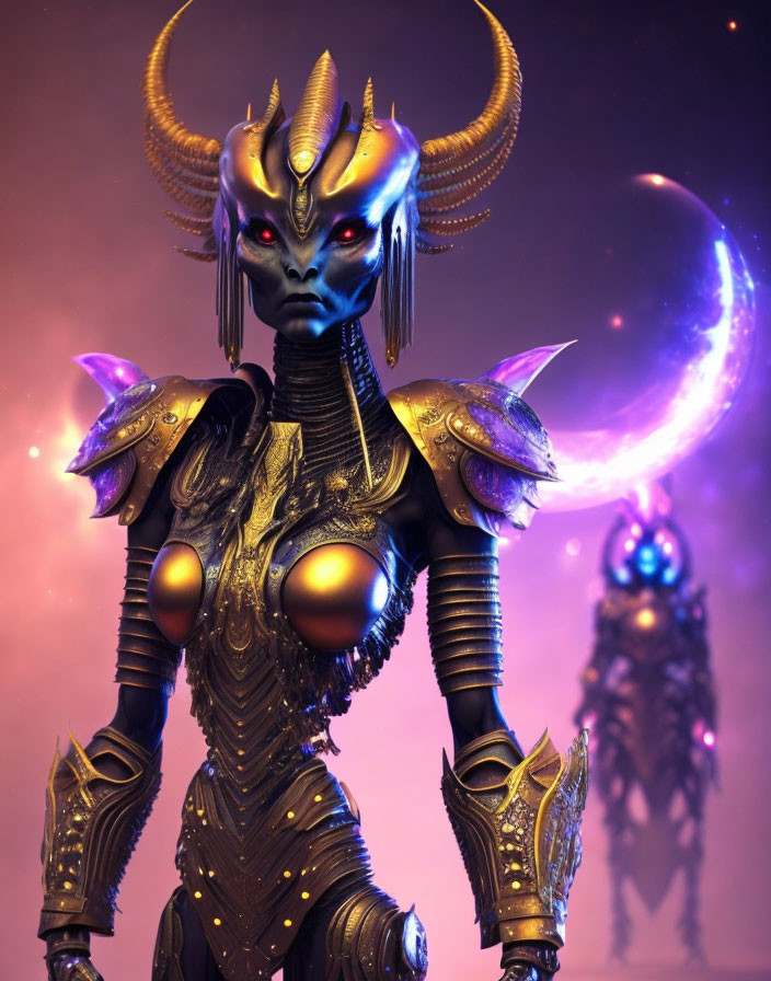 Golden-horned alien in armor on cosmic background with purple planet.