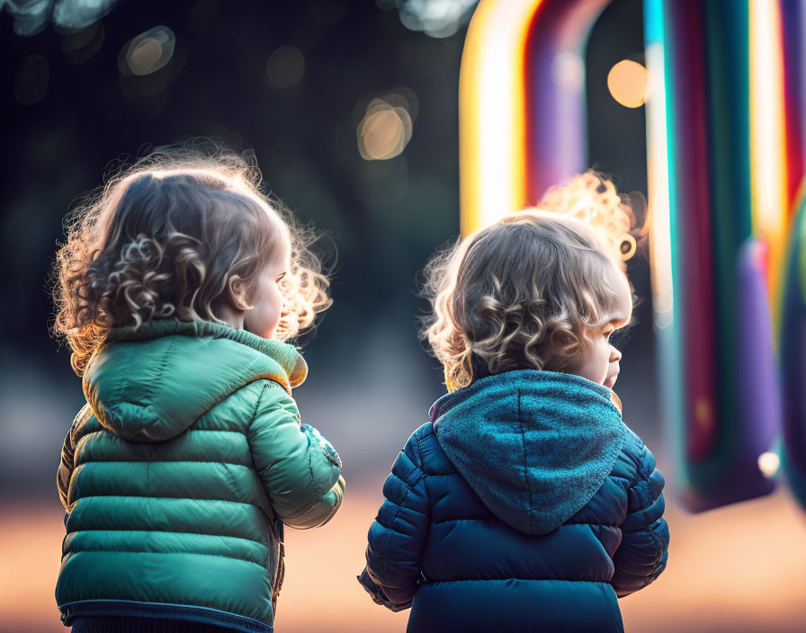 Curly Haired Toddlers in Green and Blue Jackets at Colorful Playground