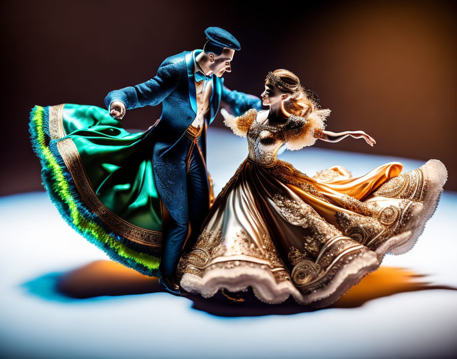 Elegant Couple Dancing Figurine in Blue Suit and Brown/Gold Dress